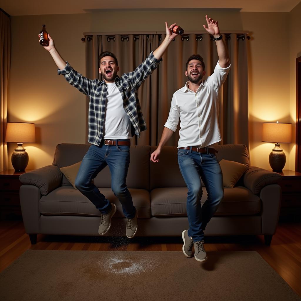 Two inebriated men celebrating a goal during a live football match, jumping off the couch in excitement.