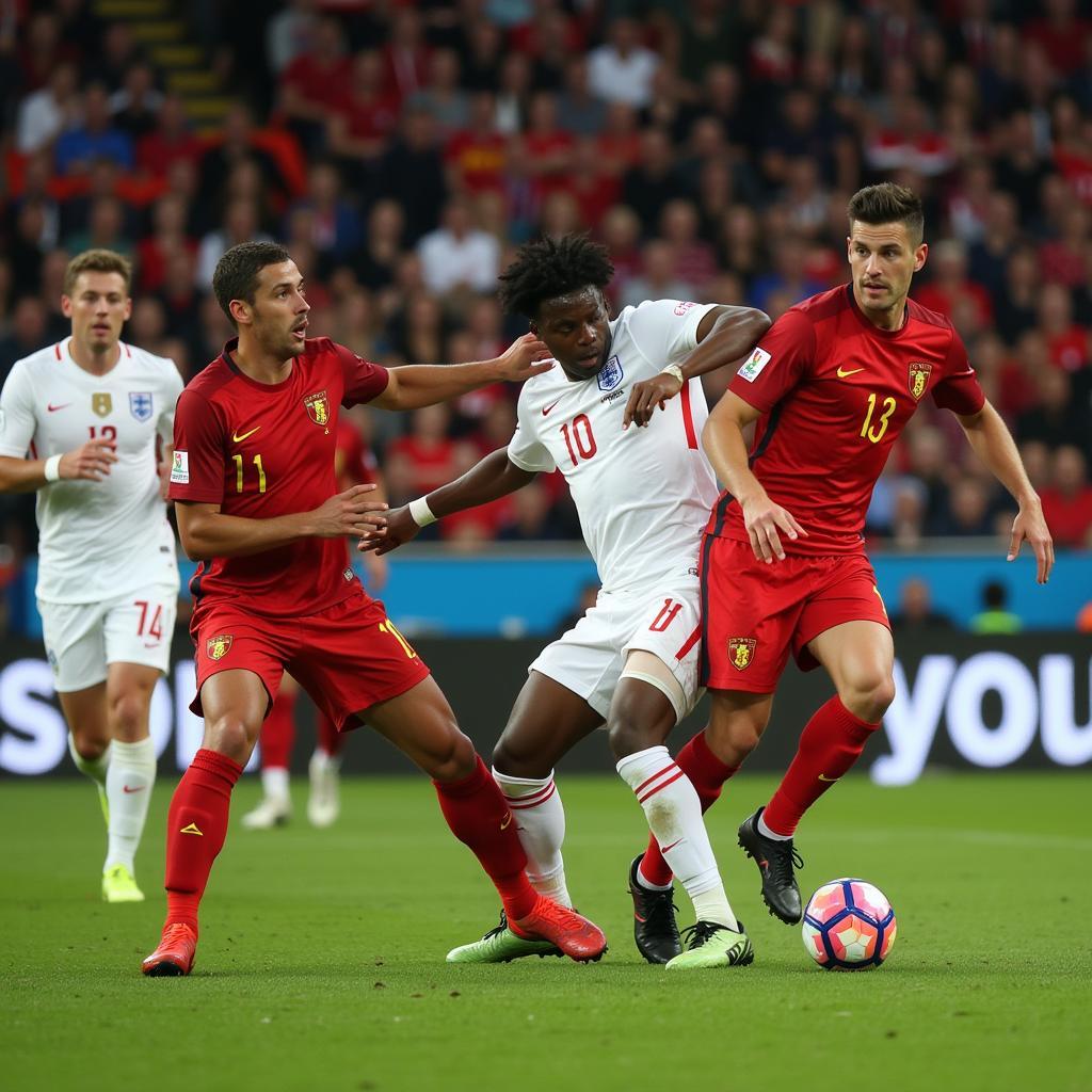 England and Belgium players clashing in a heated moment during a live match