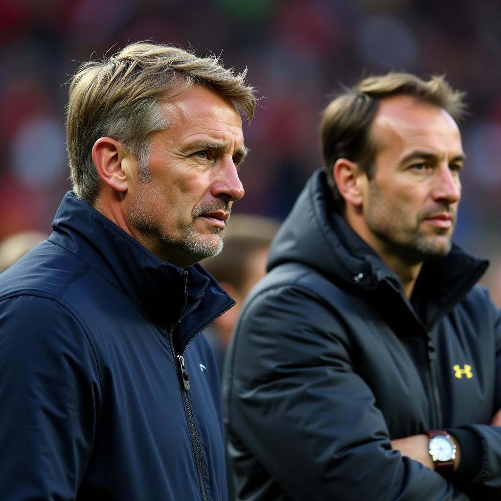 England and Belgium managers deep in thought during a live match, analyzing the tactical battle unfolding on the pitch.