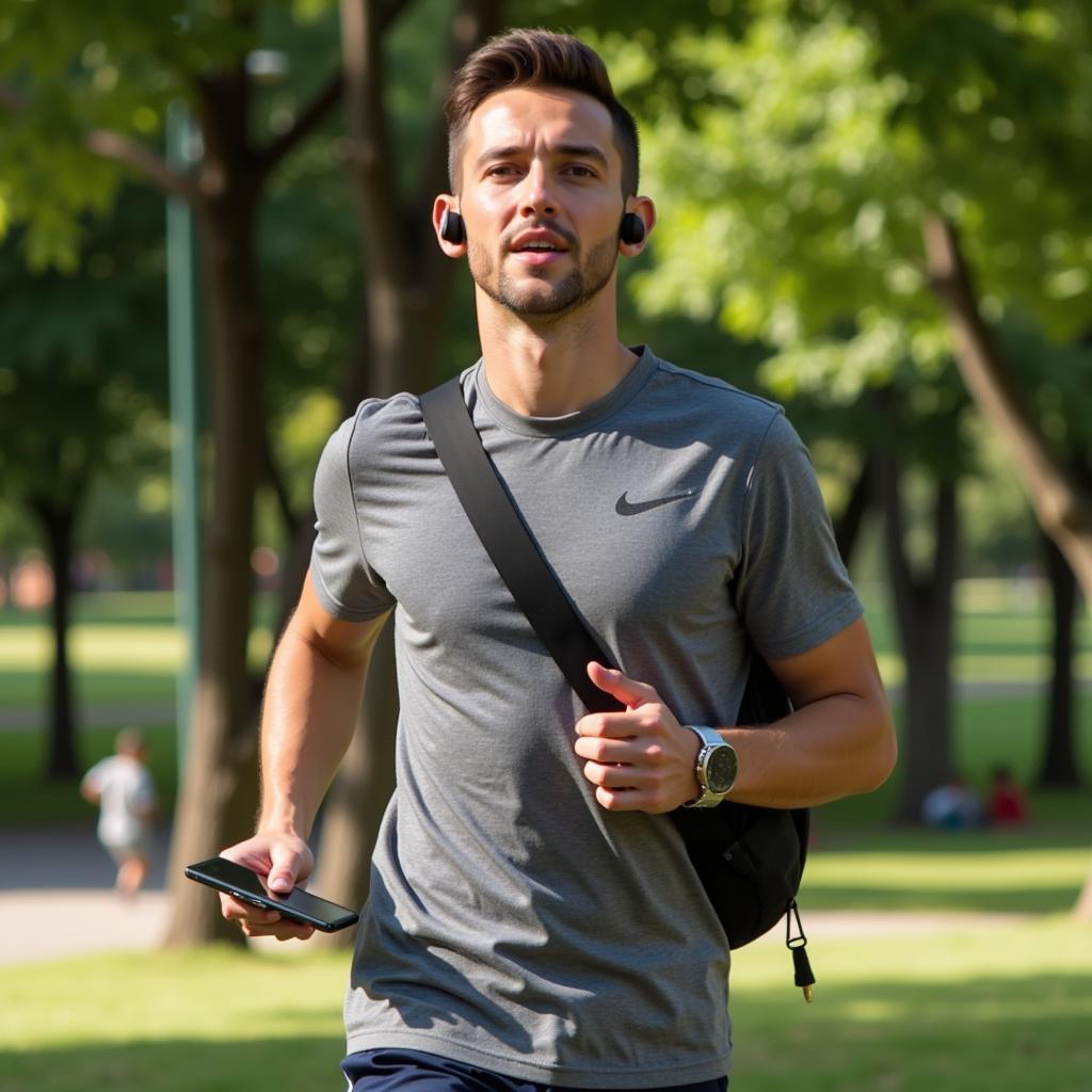 Someone listening to a football podcast while jogging.