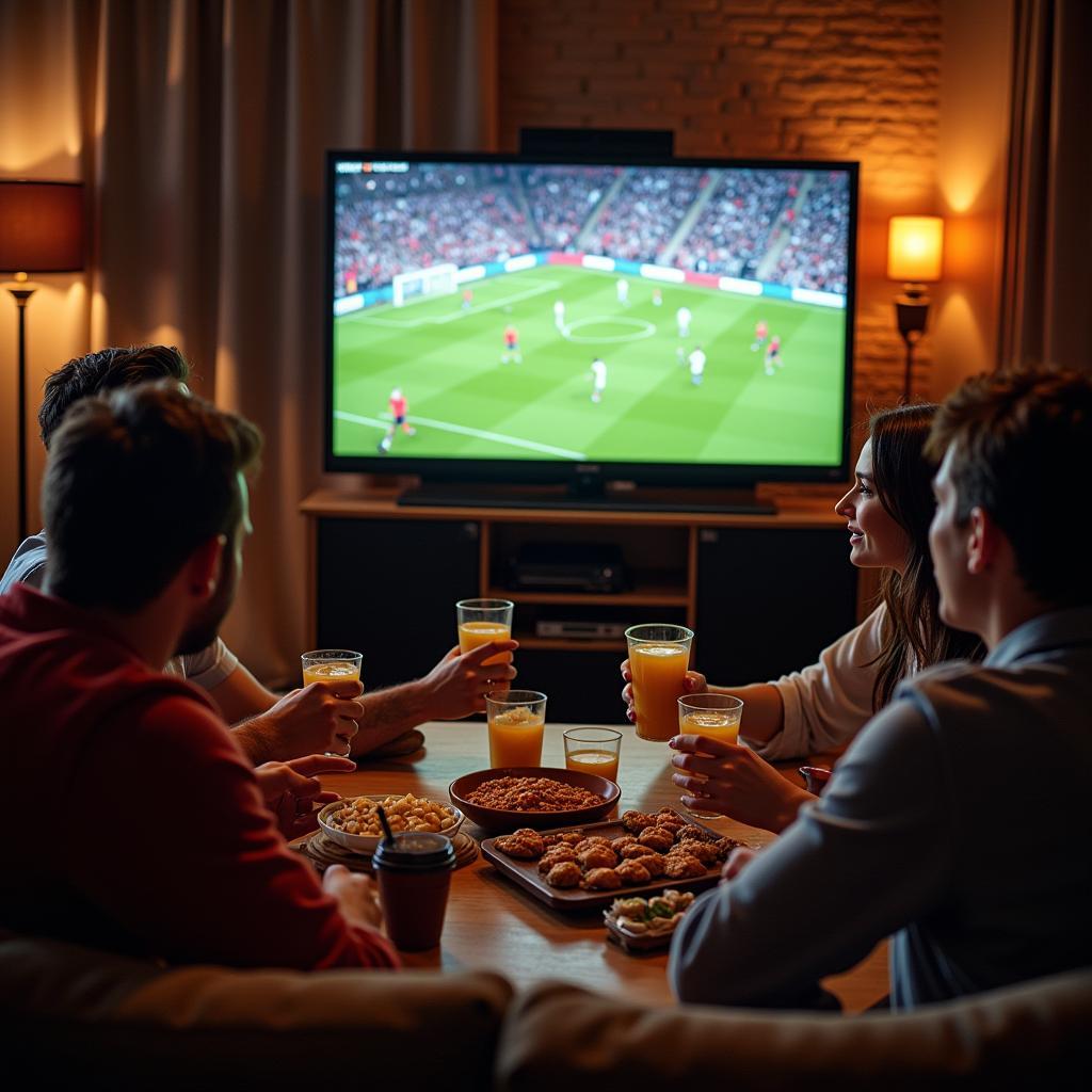 Friends watching a European football match together at home