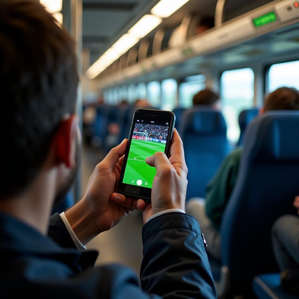 Watching a football match on a mobile phone while commuting