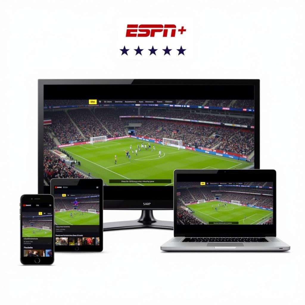 ESPN+ live football streaming interface on various devices.