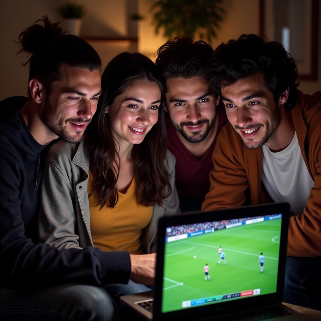 Fans gathered around a laptop to watch a live football stream