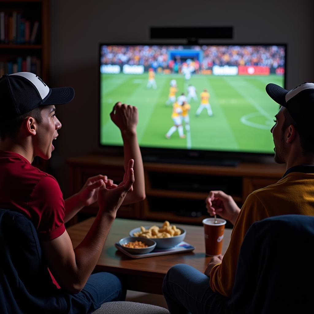 Group of friends watching live college football on TV