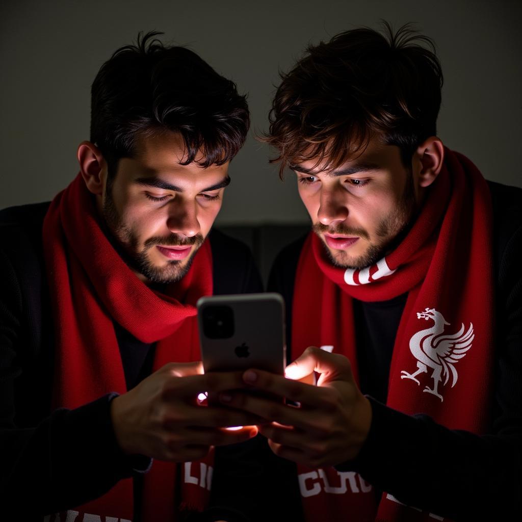 Fans watching a Liverpool match on a mobile phone