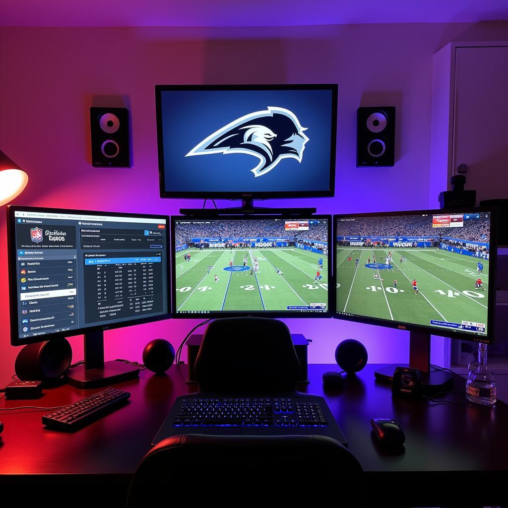 A streamer setting up their fantasy football live stream with multiple screens, stats, and team logos.