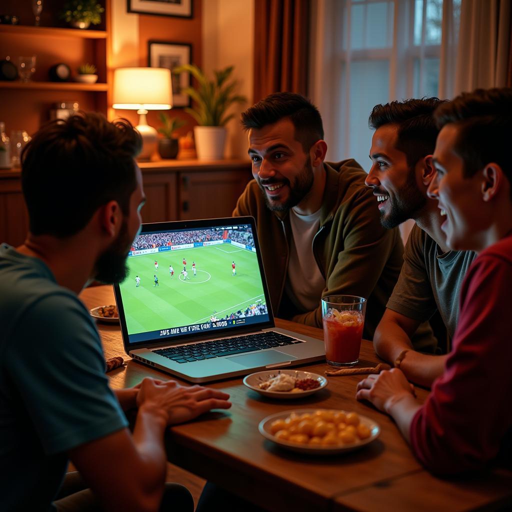 Fans watching a live football match via feed2all live streaming on their laptop