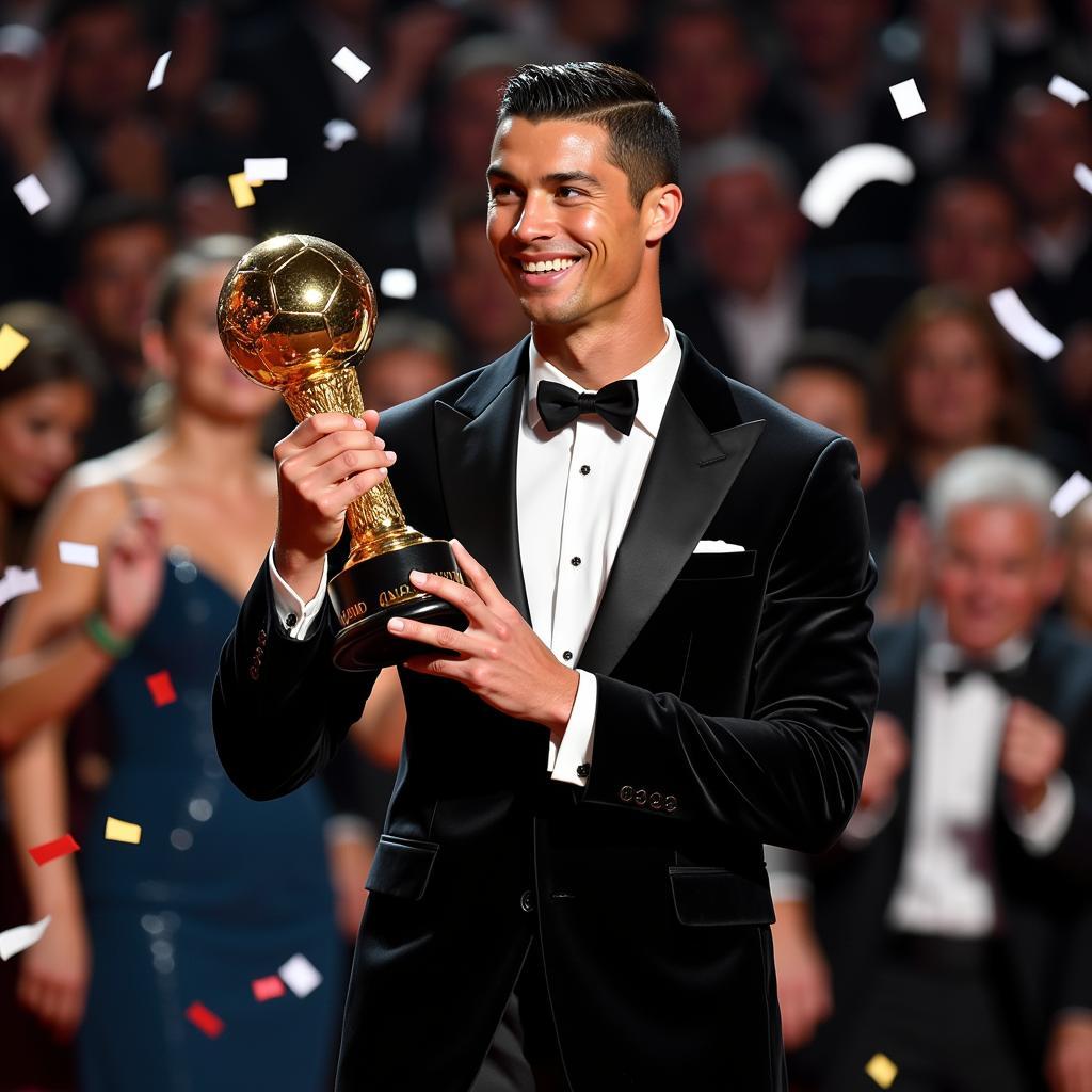 Cristiano Ronaldo receiving the Ballon d'Or award at the FIFA Football Awards 2016.