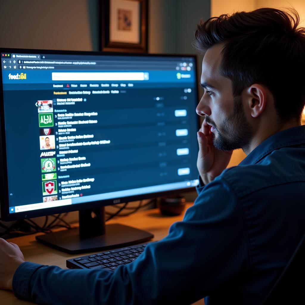 A person searching for feed2all live football streams on their computer