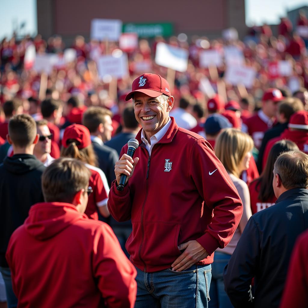 Paul Finebaum interacts with enthusiastic college football fans during a live broadcast.