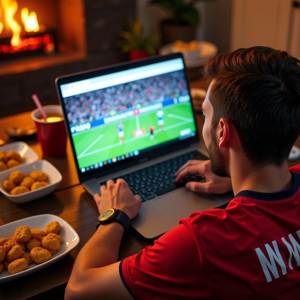 Football Fan Checking Live Scores on Laptop