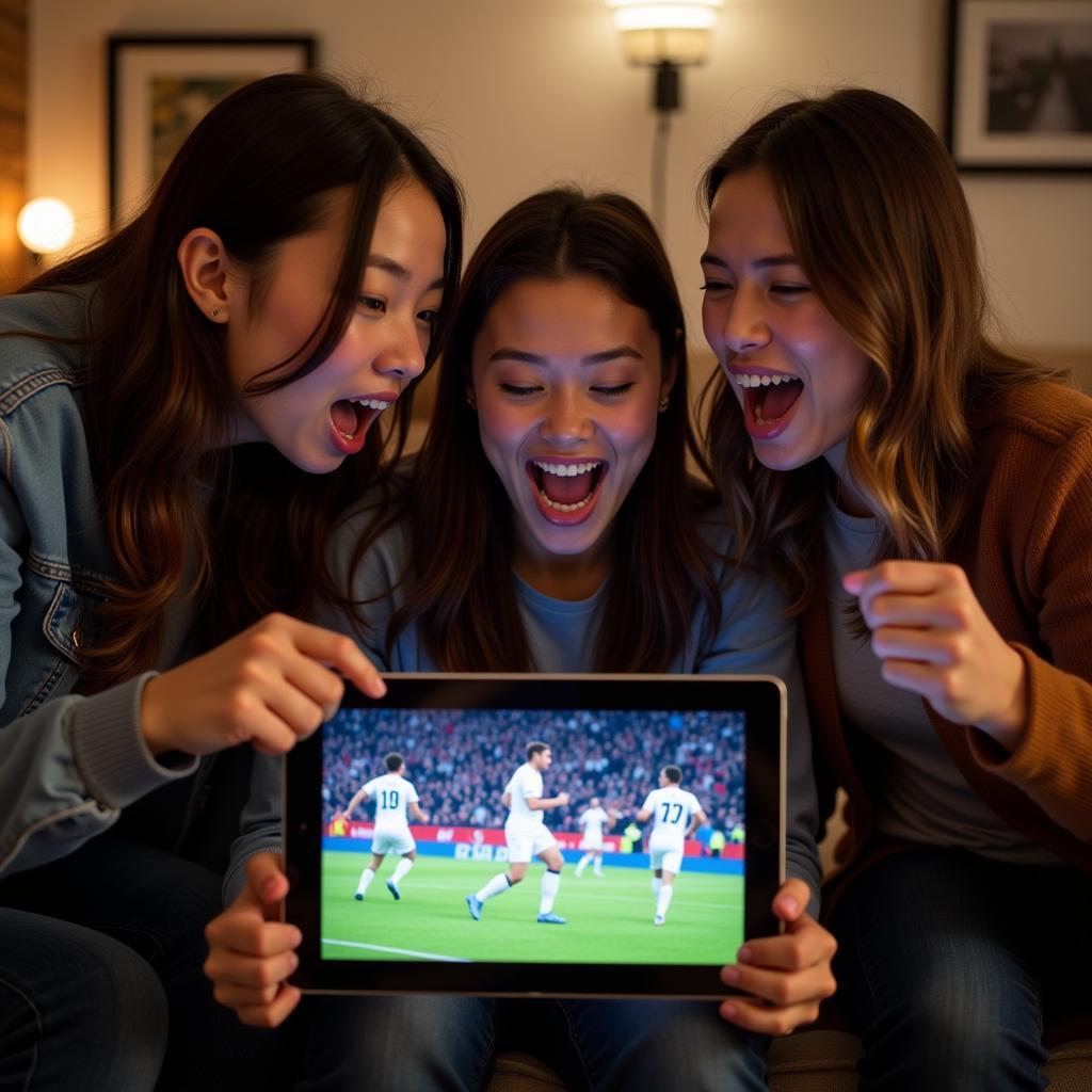 Group of Football Fans Watching Live Stream on a Tablet