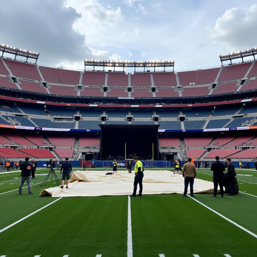 A football field being prepared for a halftime show