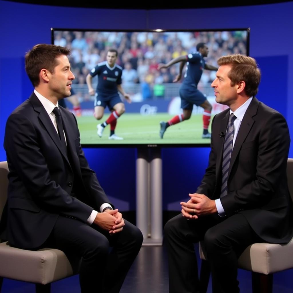 Football Focus Presenter Interviewing Guest:  The presenter sits across from a football manager in a studio setting, engaging in a serious conversation. The background displays blurred football footage.