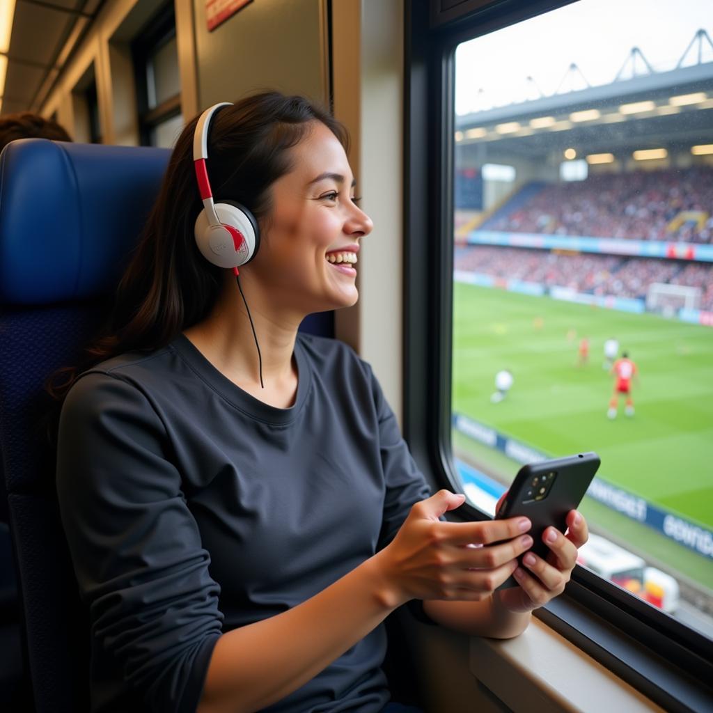 A person listening to football nation radio live on their phone while commuting on a train