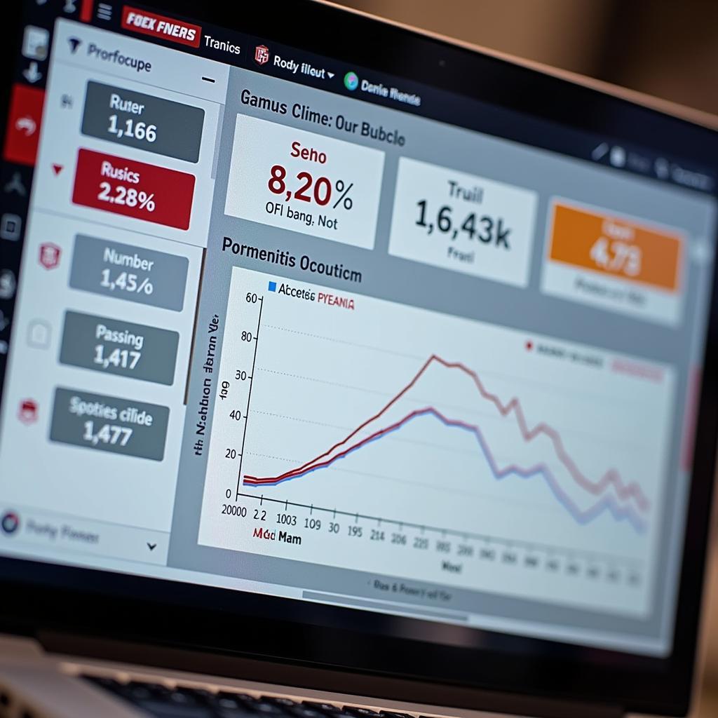 Laptop screen displaying in-depth game statistics for the Forty Niners, including passing yards, rushing yards, and other key metrics.