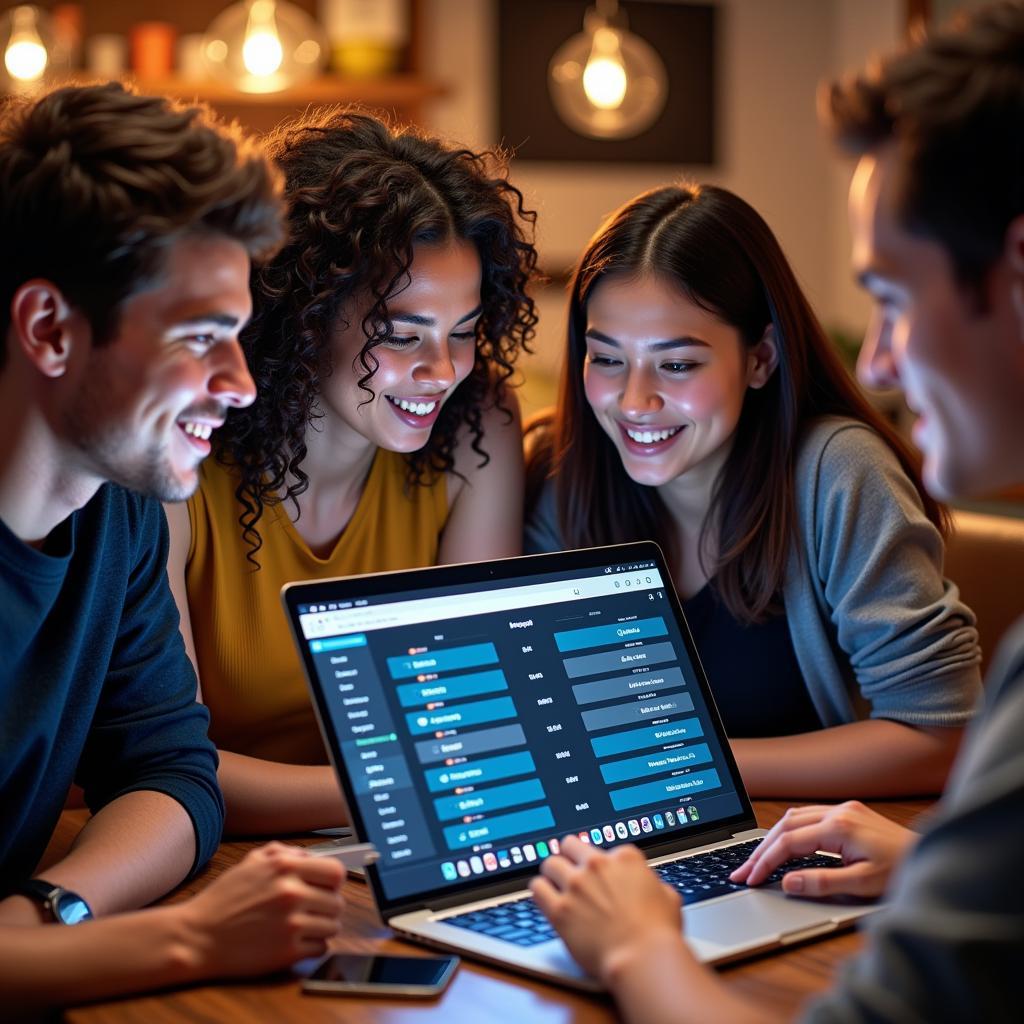 A group of friends huddled around a laptop, actively engaged in a live fantasy football draft, utilizing a free online draft board.