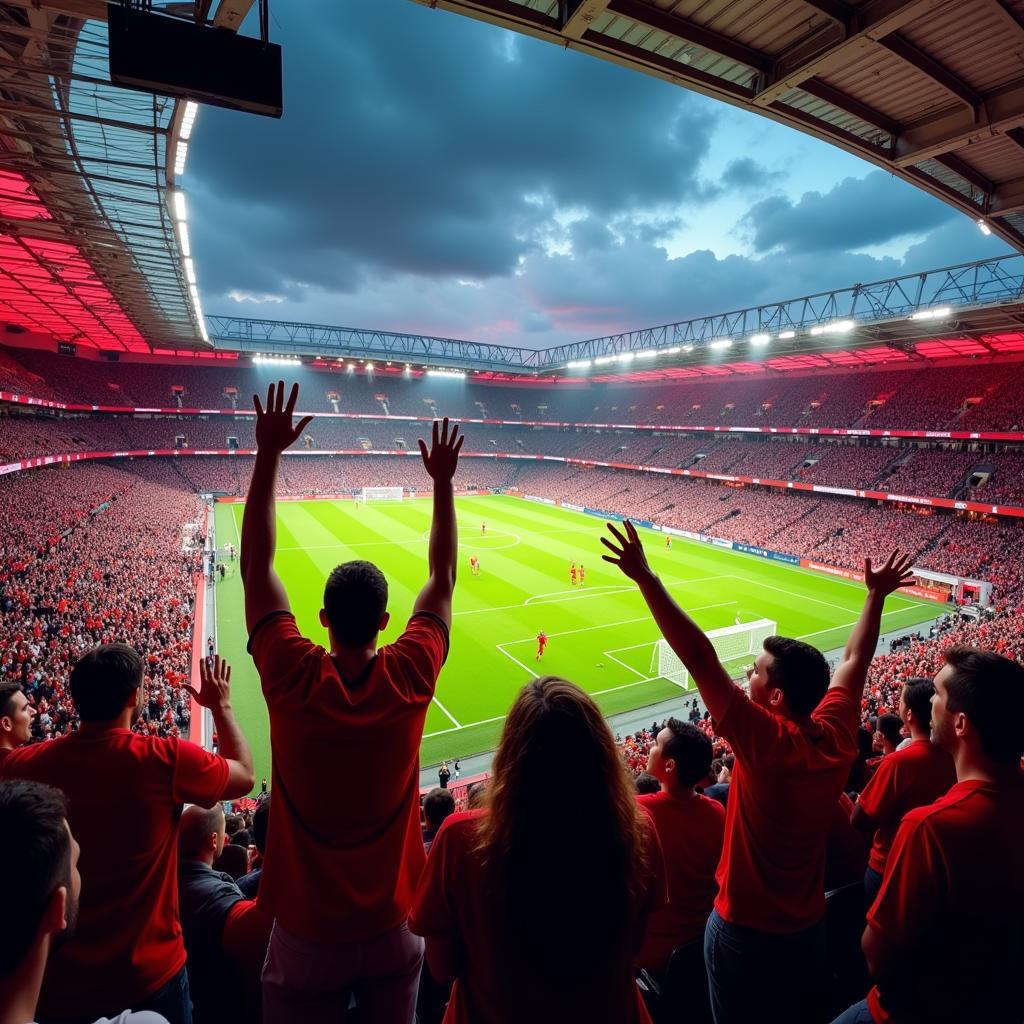 Fans celebrating a Liverpool goal against Arsenal in a packed stadium during a live streamed match.