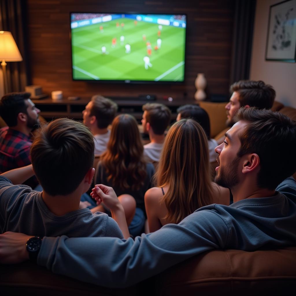 Group of friends watching a football premier live match together at home.