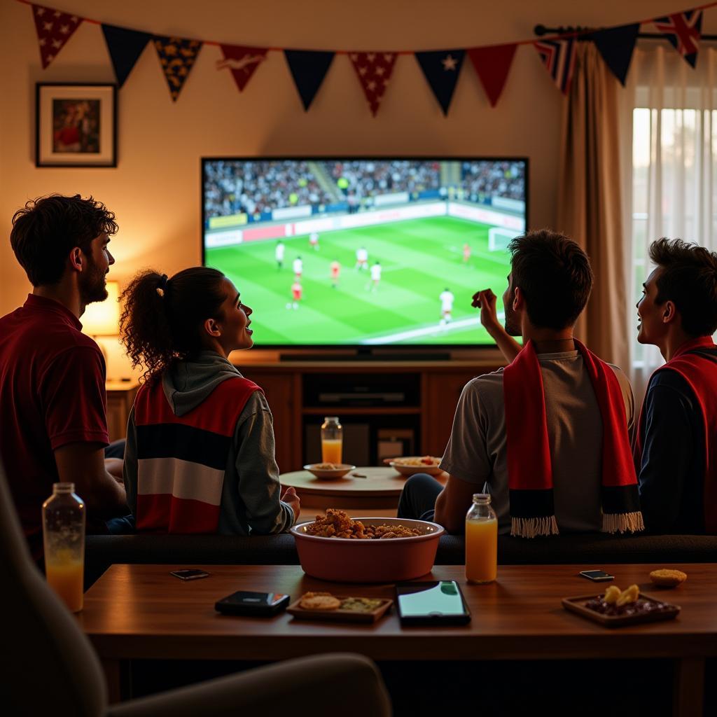 Group of friends watching live football together at home