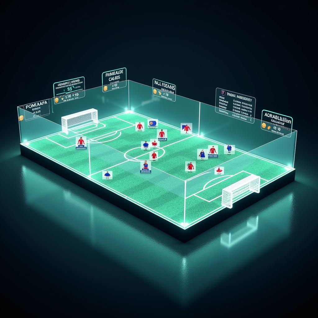 A futuristic display showing 3D visualization of a football match with live card information.