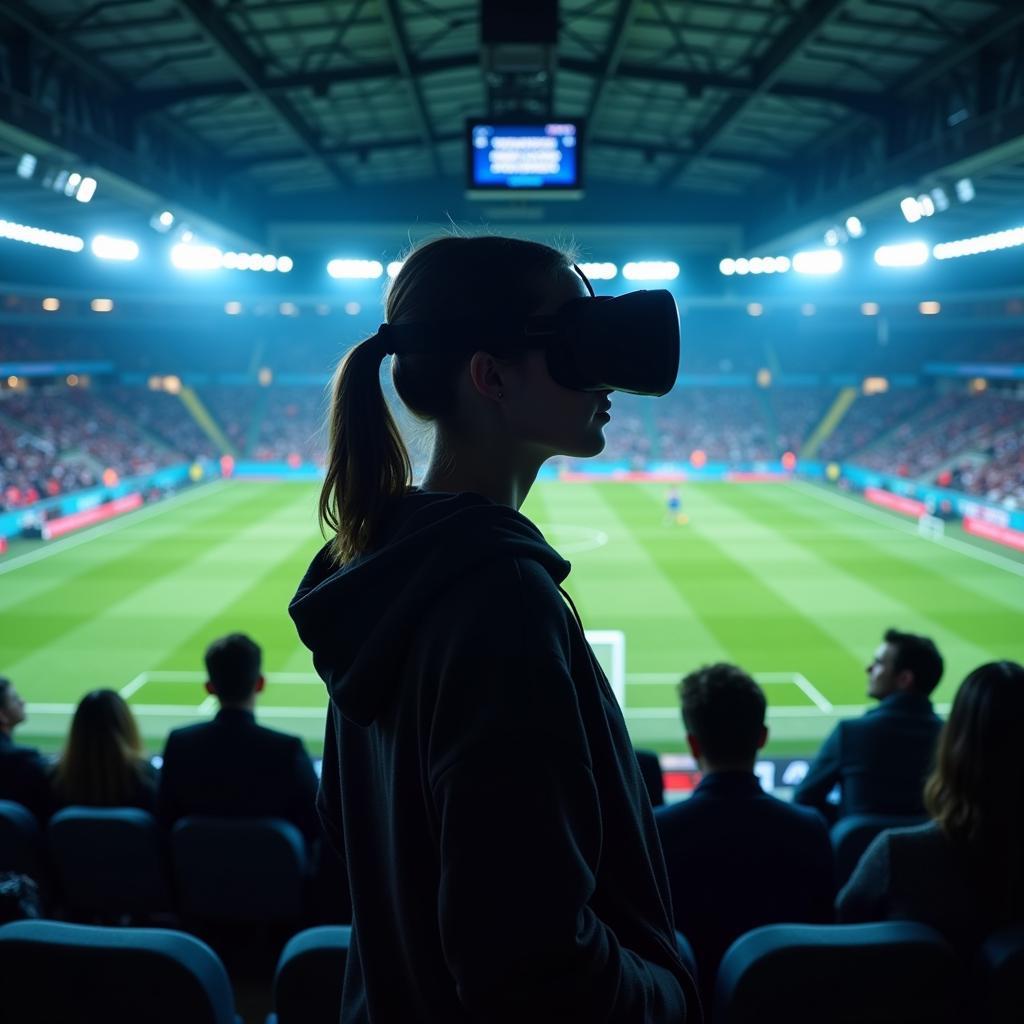 A person wearing a VR headset experiencing a football match