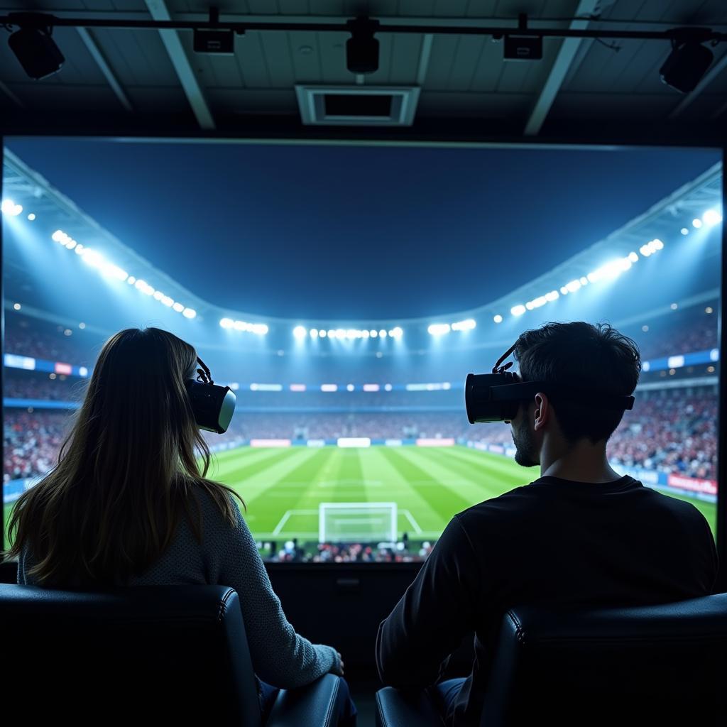 A person wearing VR goggles watching a live football match in a virtual stadium.