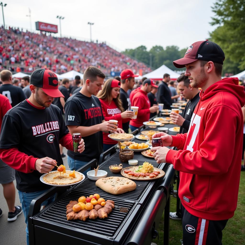 Georgia Bulldogs fans tailgating before a live college football game.