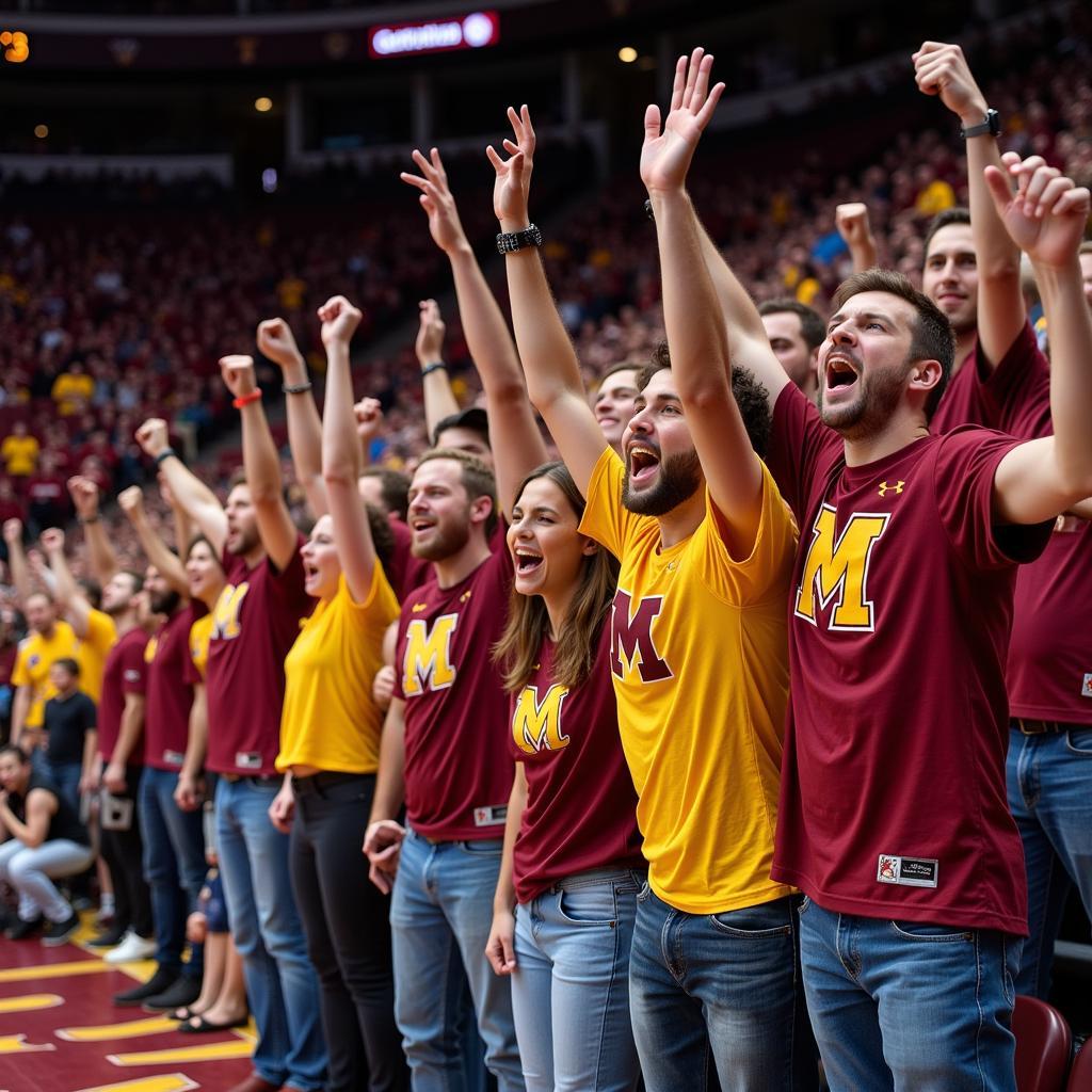 Excited Minnesota Gophers football fans cheering in the stadium during a live game.