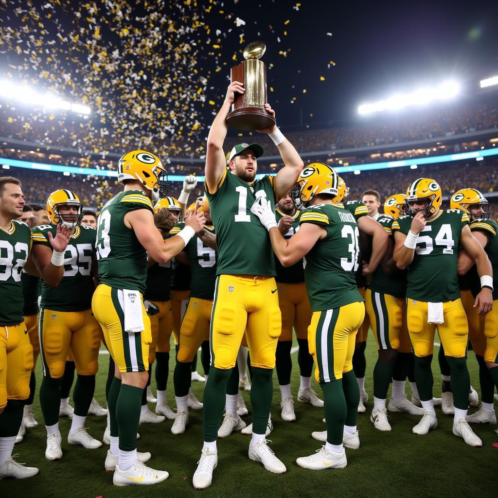 The Green Bay Packers celebrating a championship with the trophy