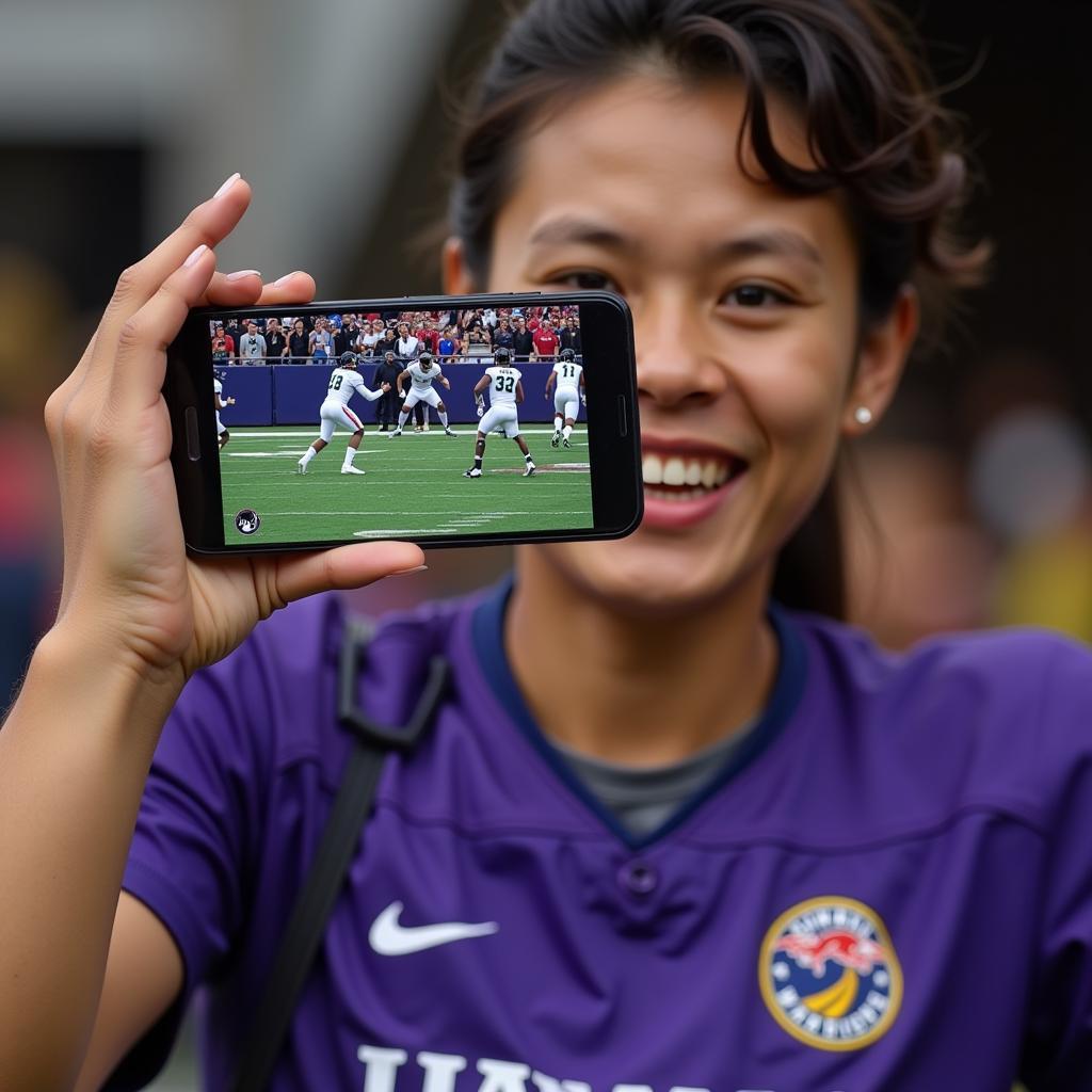 A University of Hawaii Football fan engrossed in a live stream on their phone