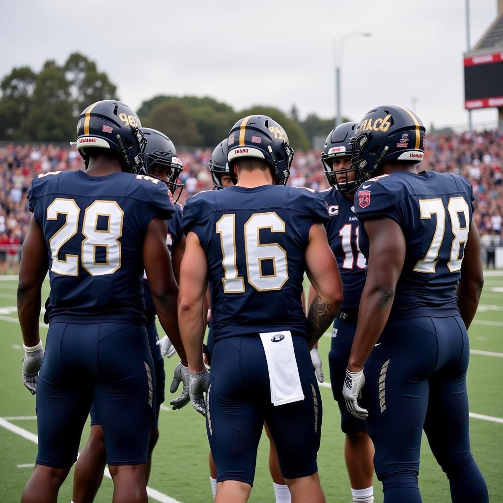 Hawaii football players huddling before a play