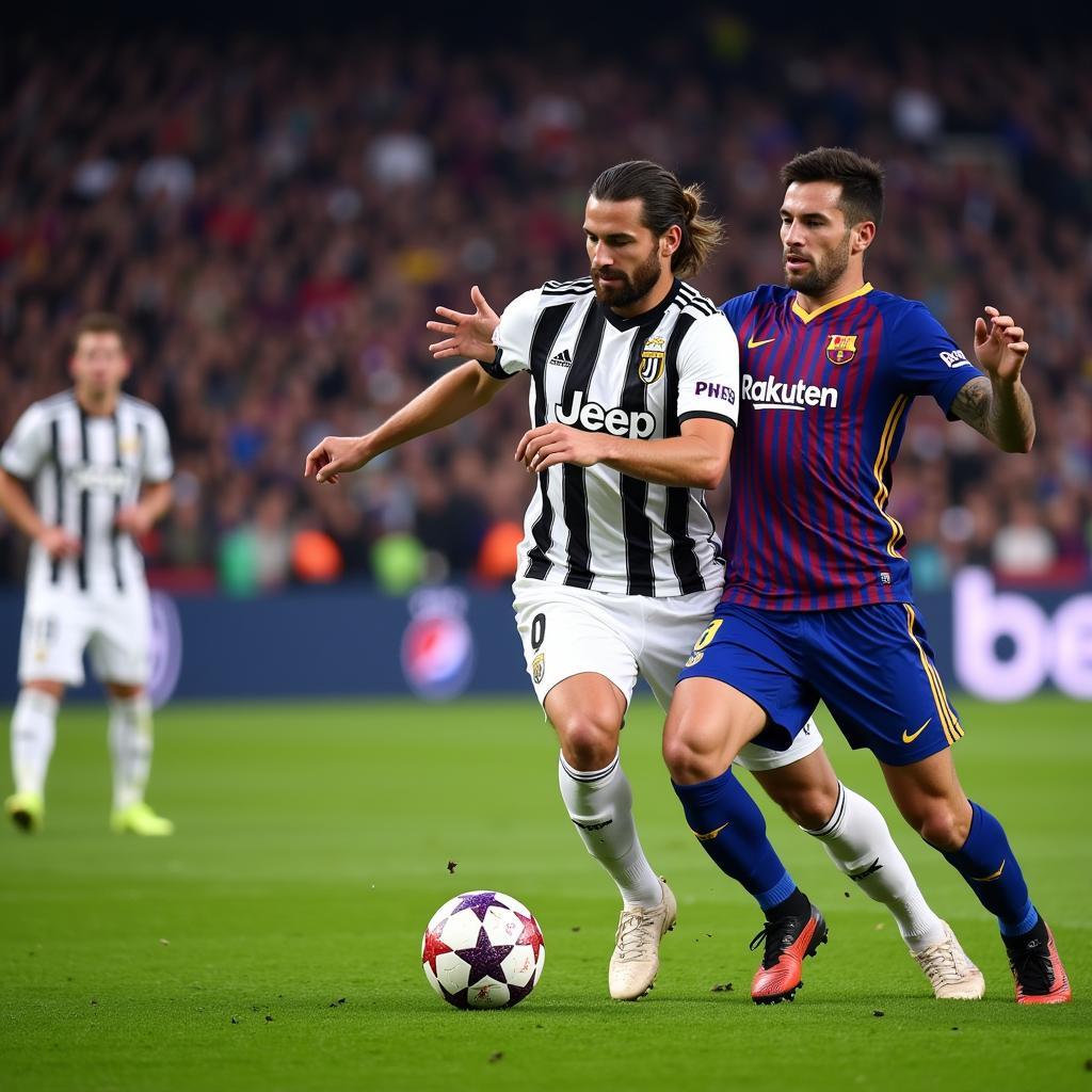 Juventus and Barcelona players battling for possession during a heated Champions League match.