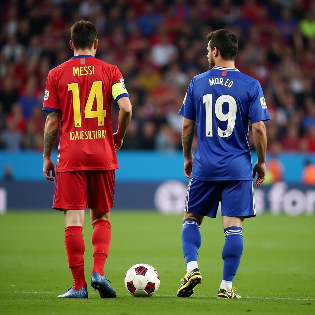 Lionel Messi of Argentina and Marcelo Moreno of Bolivia preparing for a free kick