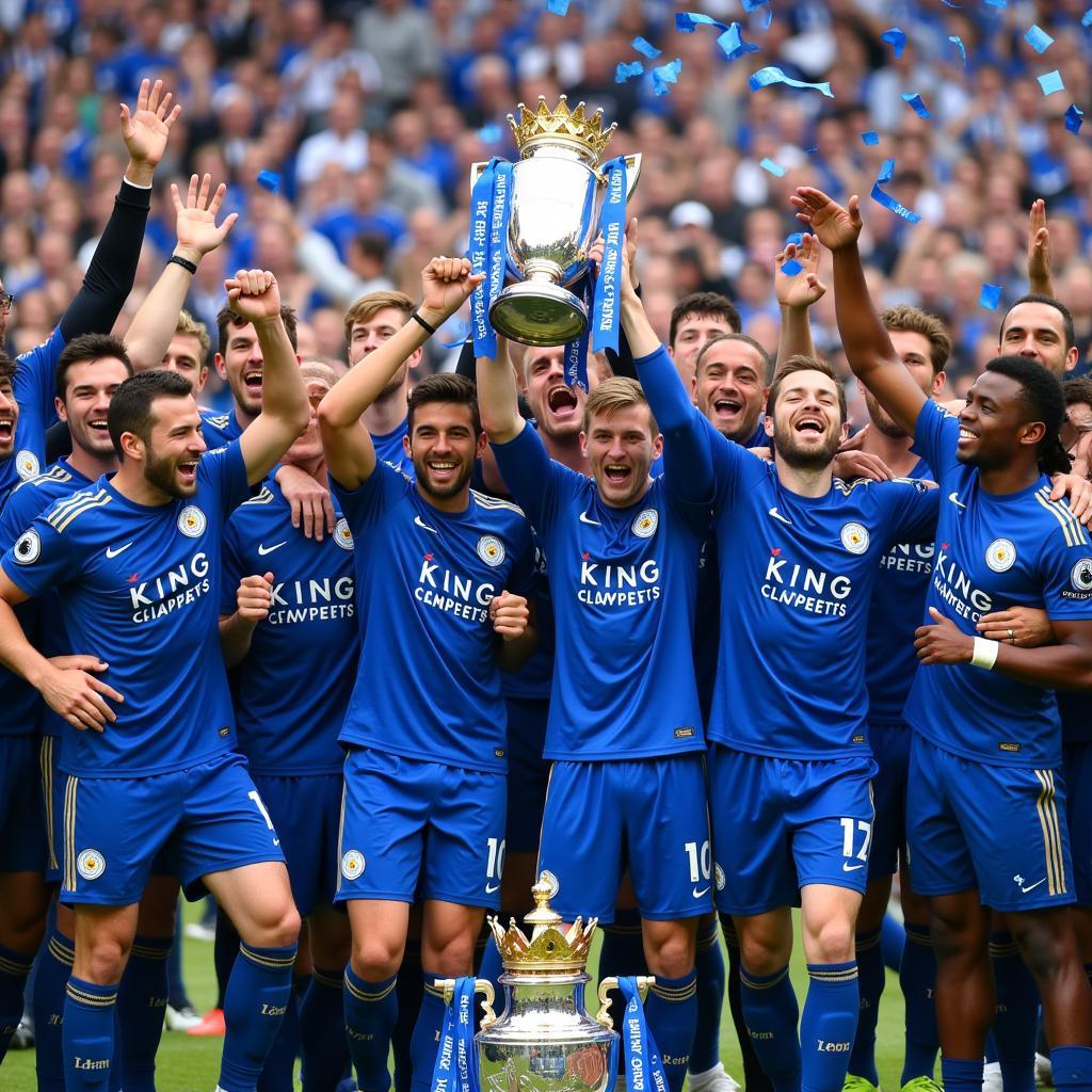 Leicester City celebrating their Premier League title win in 2015