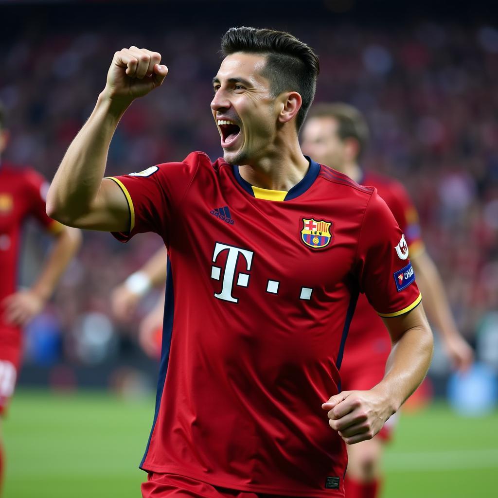 Robert Lewandowski celebrates a goal in a Barcelona vs. Bayern Munich match