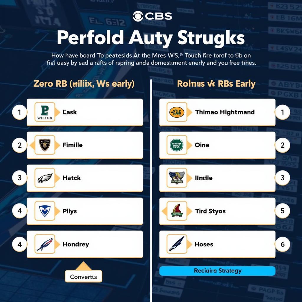 Live Draft Strategy: A diagram illustrating different draft strategies, like Zero RB and Robust RB, applied in a live draft setting on CBS.
