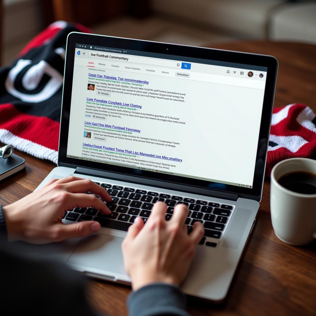 A person using a laptop to search for live football commentary options online.