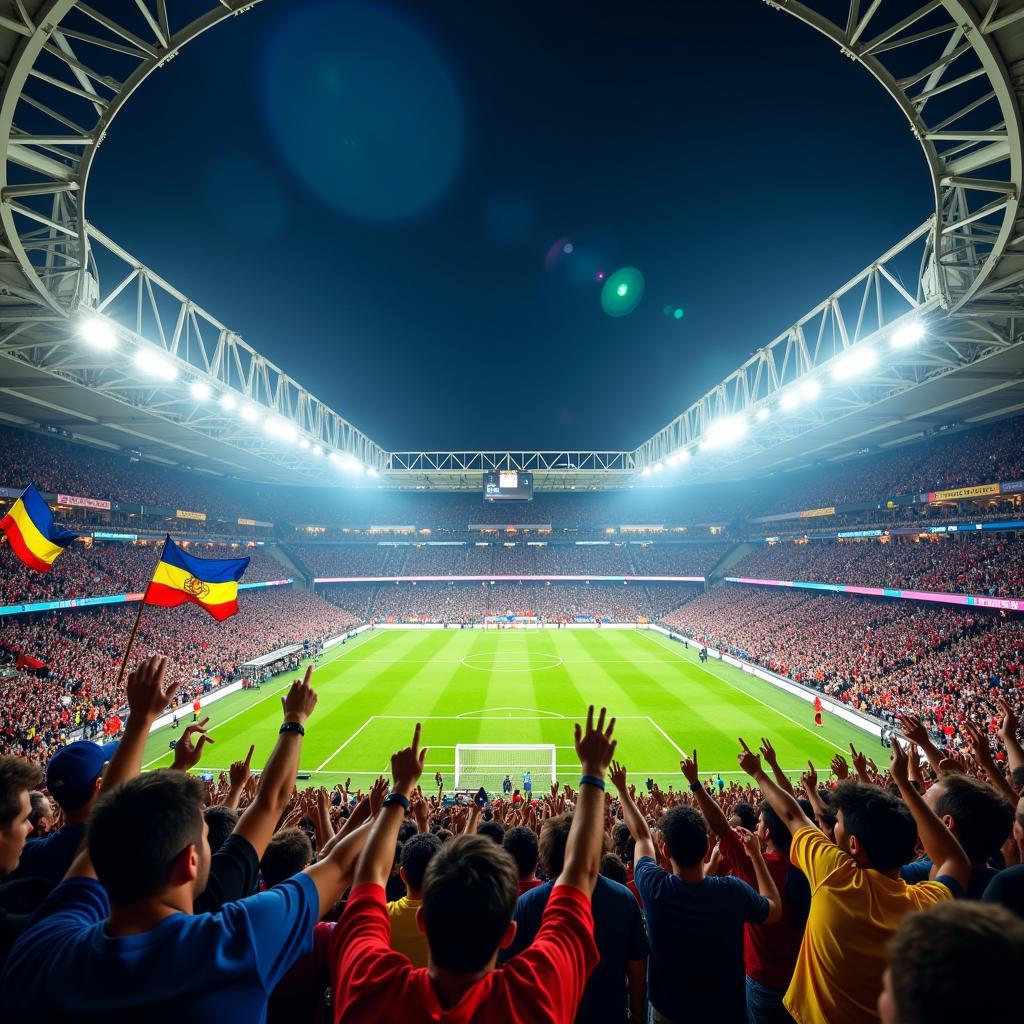 Fans cheering in a packed stadium during a live football match