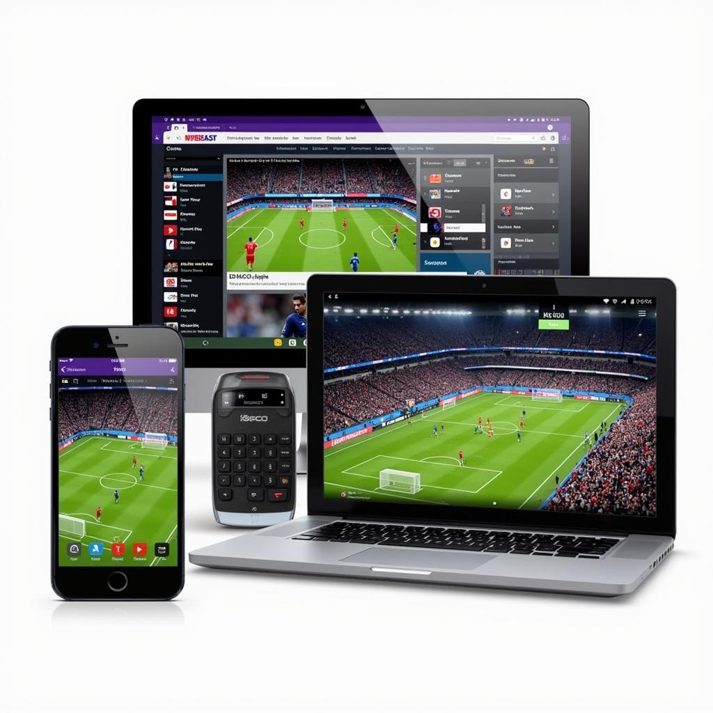 Watching live football streaming on multiple devices - phone, tablet, and laptop.