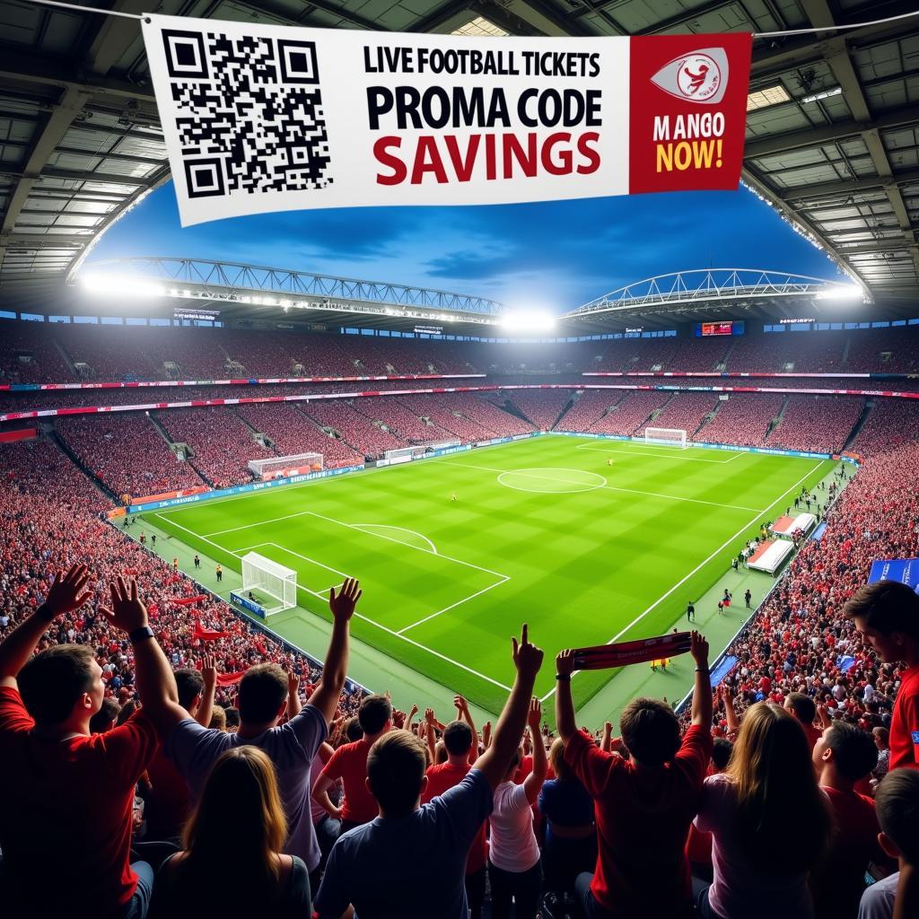 Fans cheering in a packed stadium with a banner advertising a live football tickets promo code.