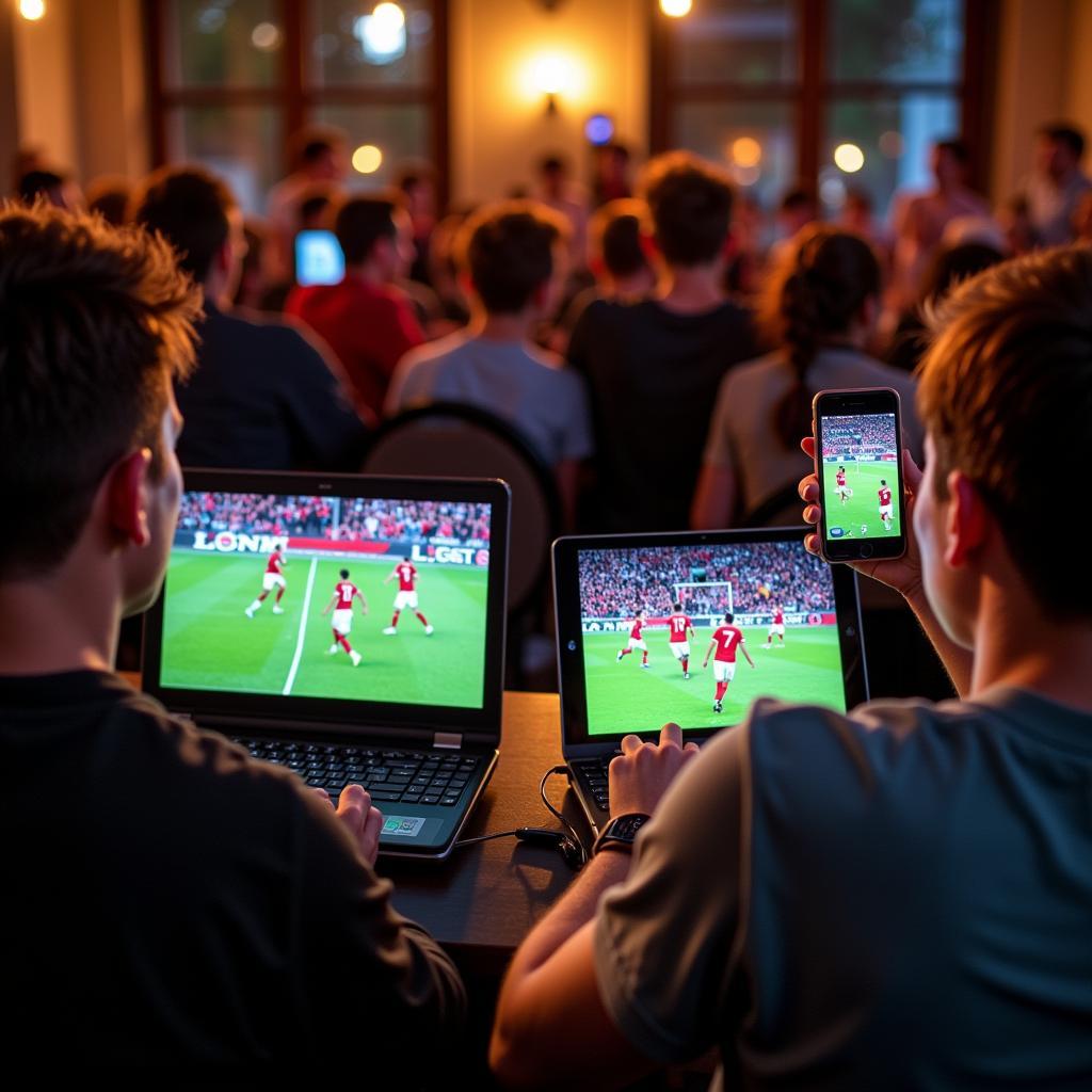 Live Stream Football Manchester United vs West Ham: Fans watching the game on their devices.