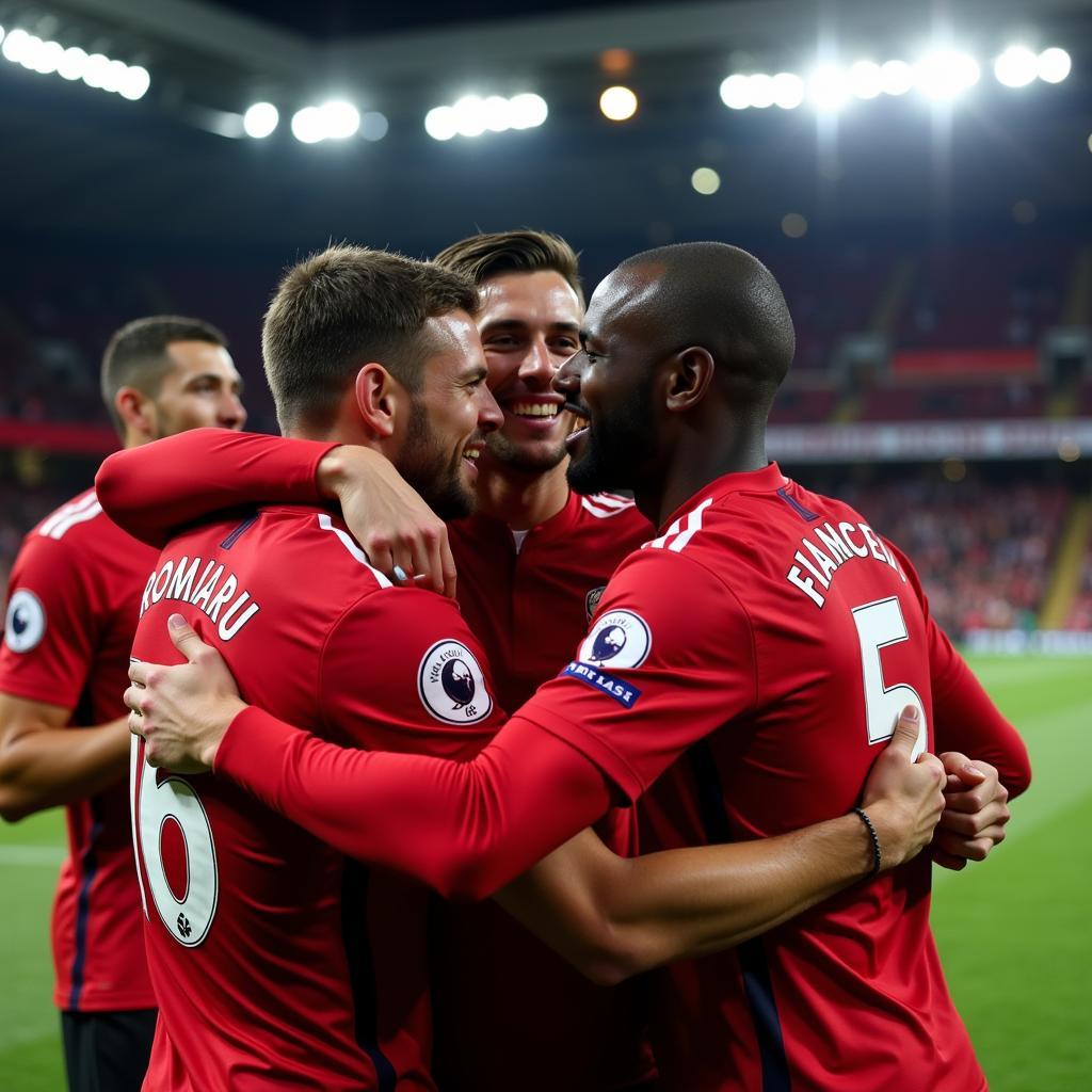 Manchester United players celebrating a hard-fought victory, emphasizing the thrill and excitement that live score updates provide to fans.