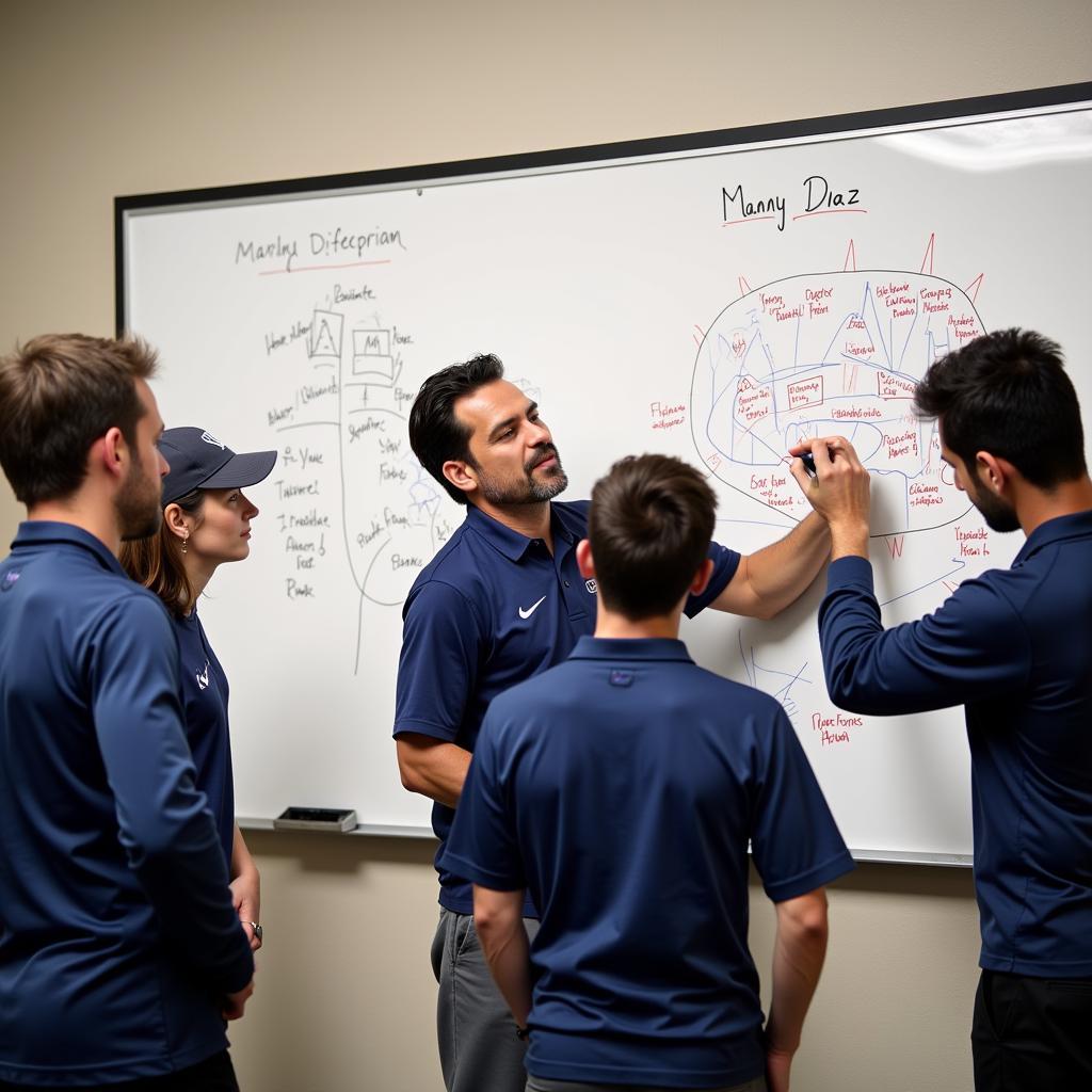 Manny Diaz strategizing with plays on a whiteboard