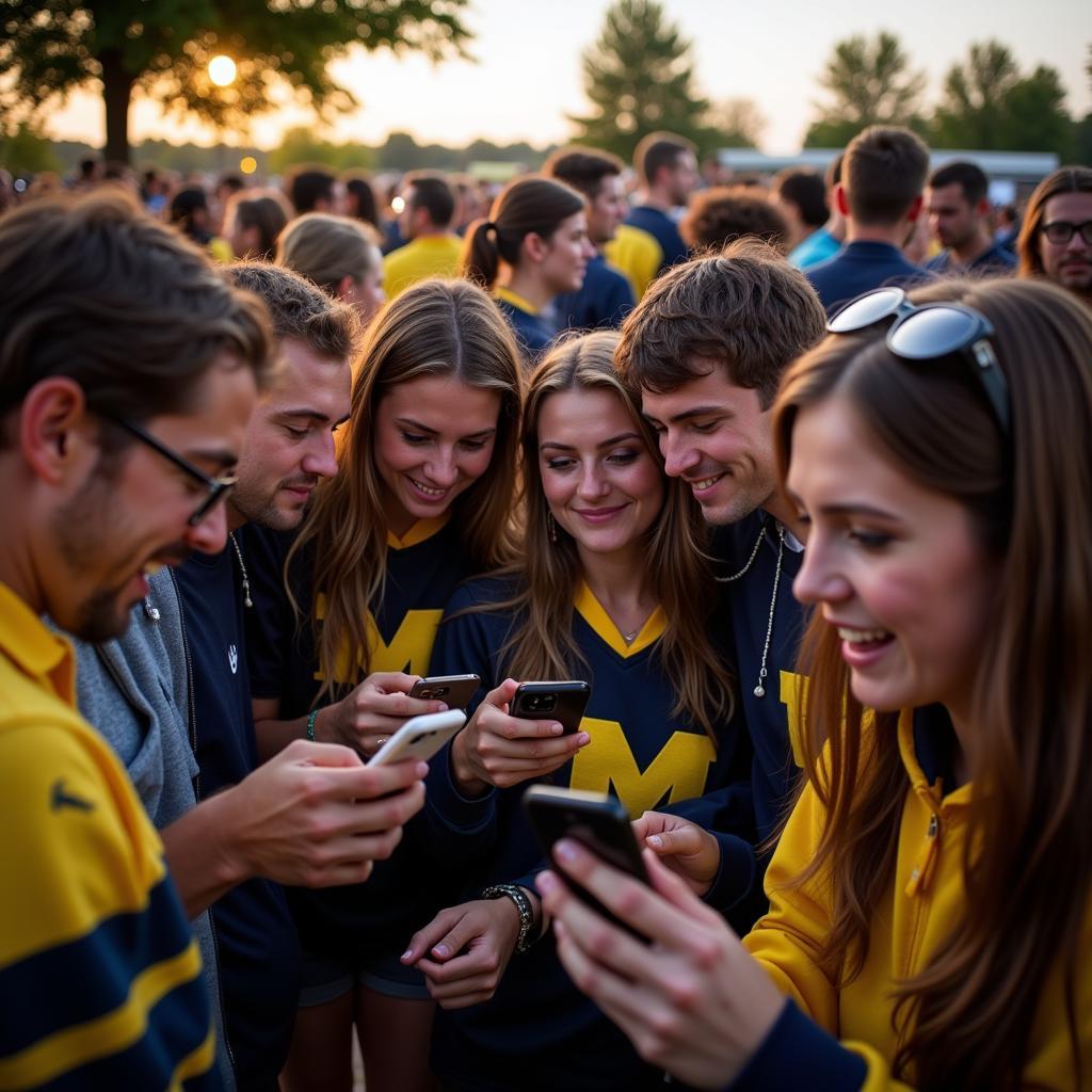 Fans checking live Michigan football score during a tailgate party