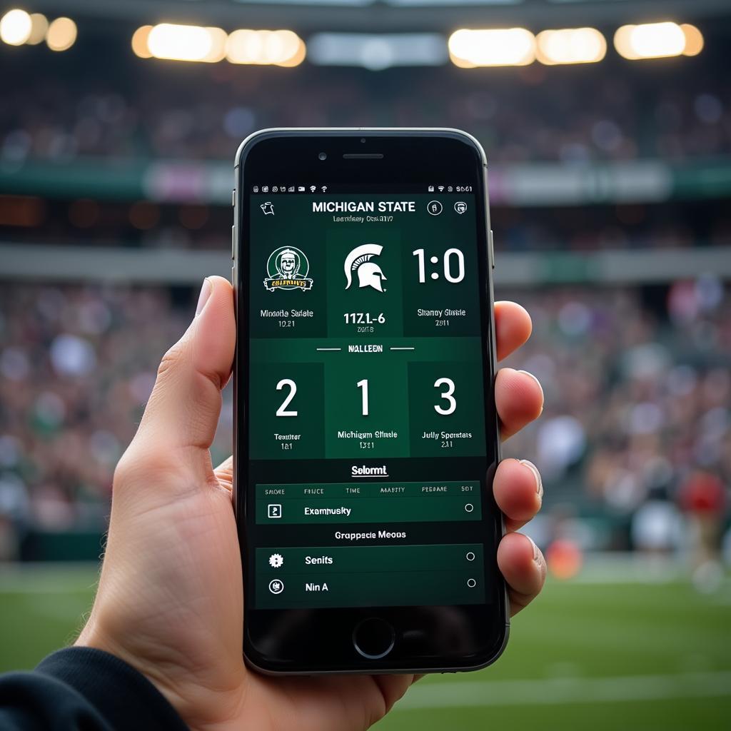 Michigan State Football Live Score Updates: A smartphone displays the live score of a Spartans game.