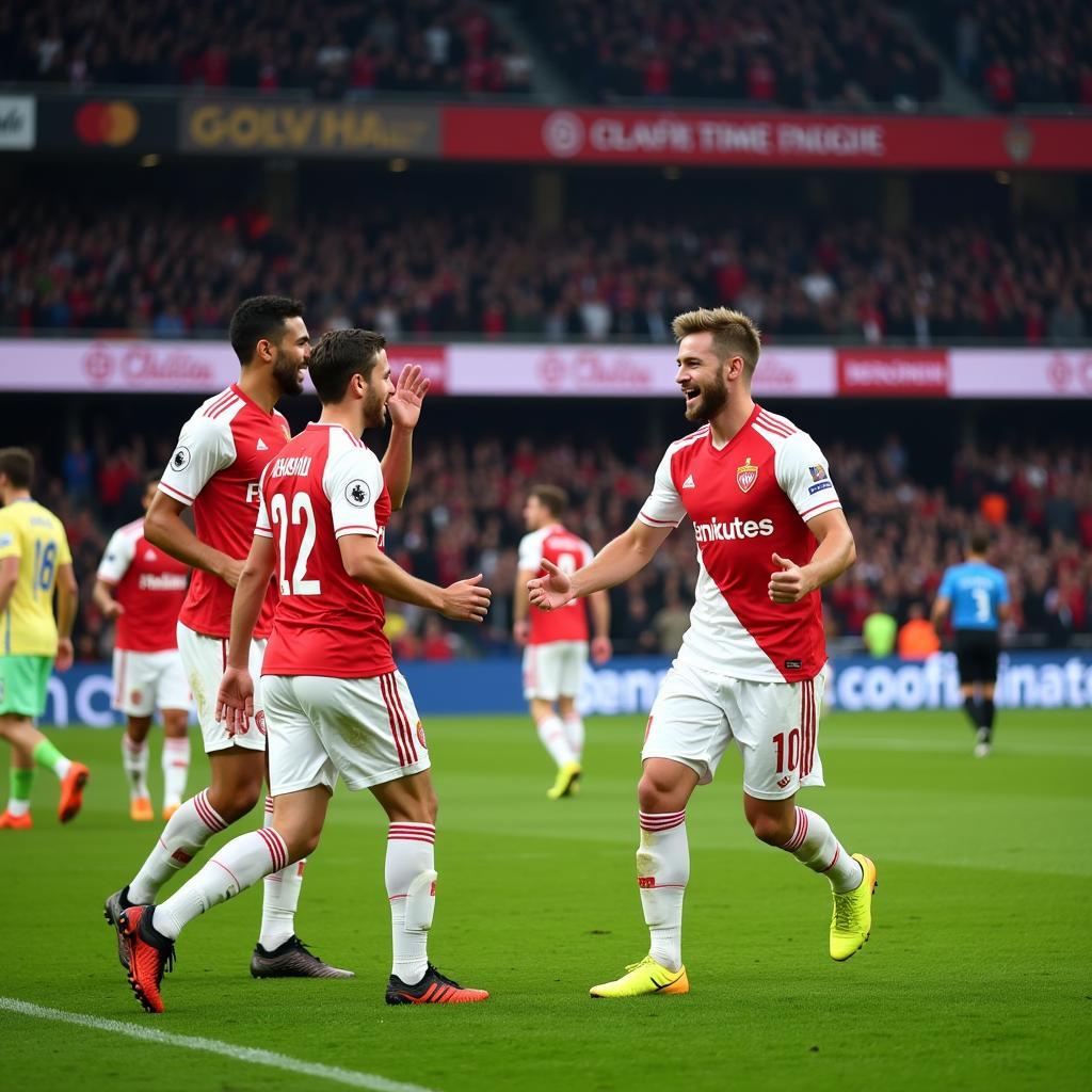 Monaco players celebrating a goal during their Champions League run