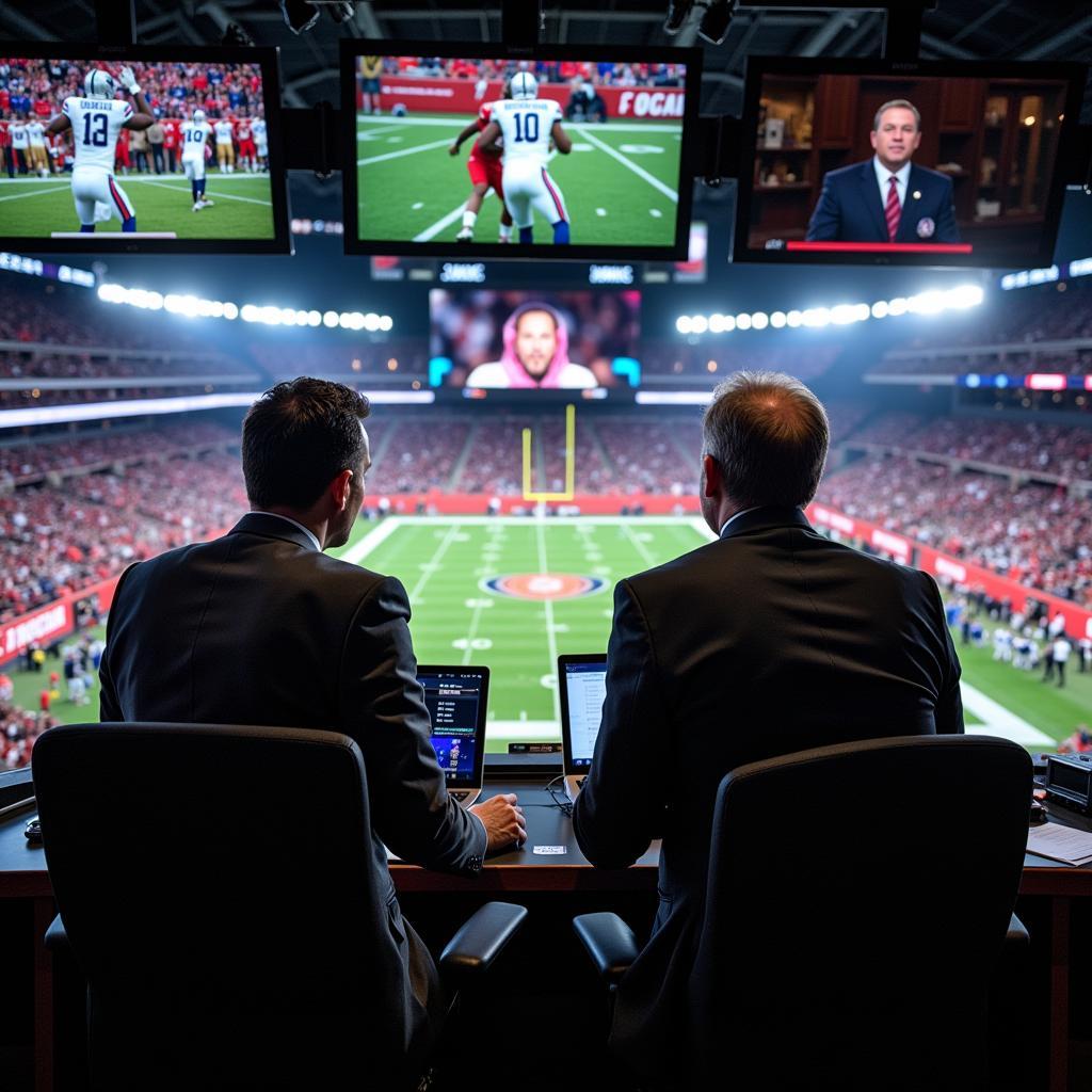 Commentators in the booth analyzing the game during a Sunday Night Football broadcast