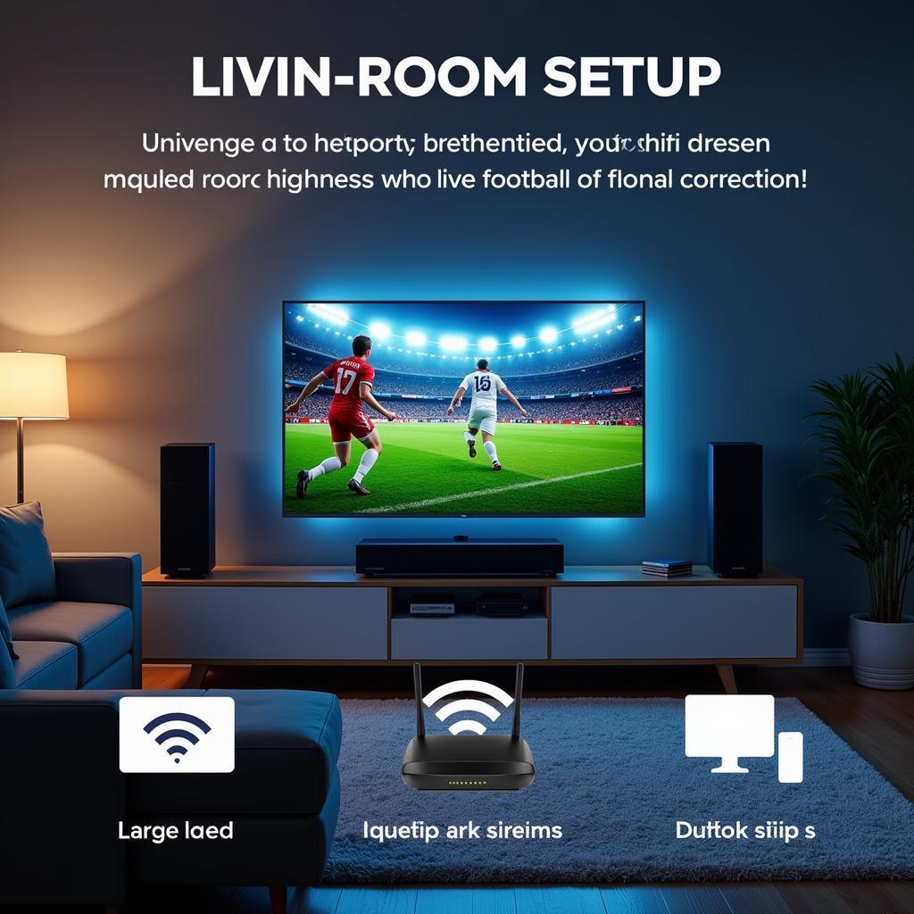 Optimizing Your 555 Sports Live Football Setup: A stable internet connection, high-resolution display, and quality sound system create the ultimate viewing experience. This image depicts a living room setup with a large screen TV, surround sound speakers, and a fast Wi-Fi router, illustrating the ideal viewing environment.